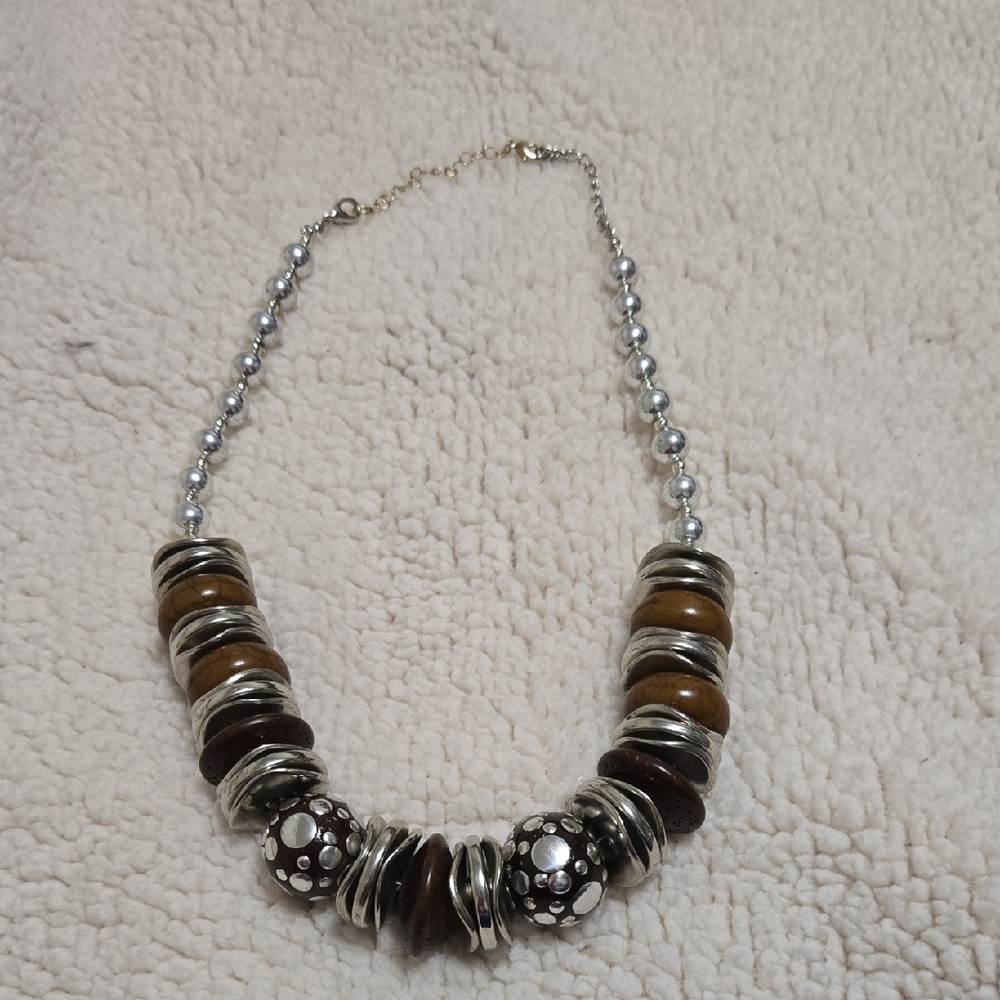 Silver and Brown Jumbo Beaded Statement Necklace for Women